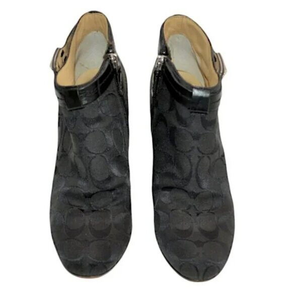 Coach Black Jacquard Logo Leather Zip Ankle Boots Booties Shooties Heels 7.5 - Picture 6 of 8